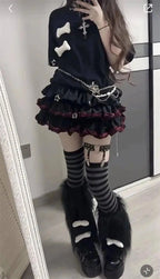 Japanese Lolita Black Red Jk Skirt for Women Y2k E-Girl High 2025 Waist Ruched A-line Skirts Summer New Thin Faldas Mujer - SS69