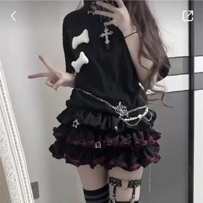 Japanese Lolita Black Red Jk Skirt for Women Y2k E-Girl High 2025 Waist Ruched A-line Skirts Summer New Thin Faldas Mujer - SS69
