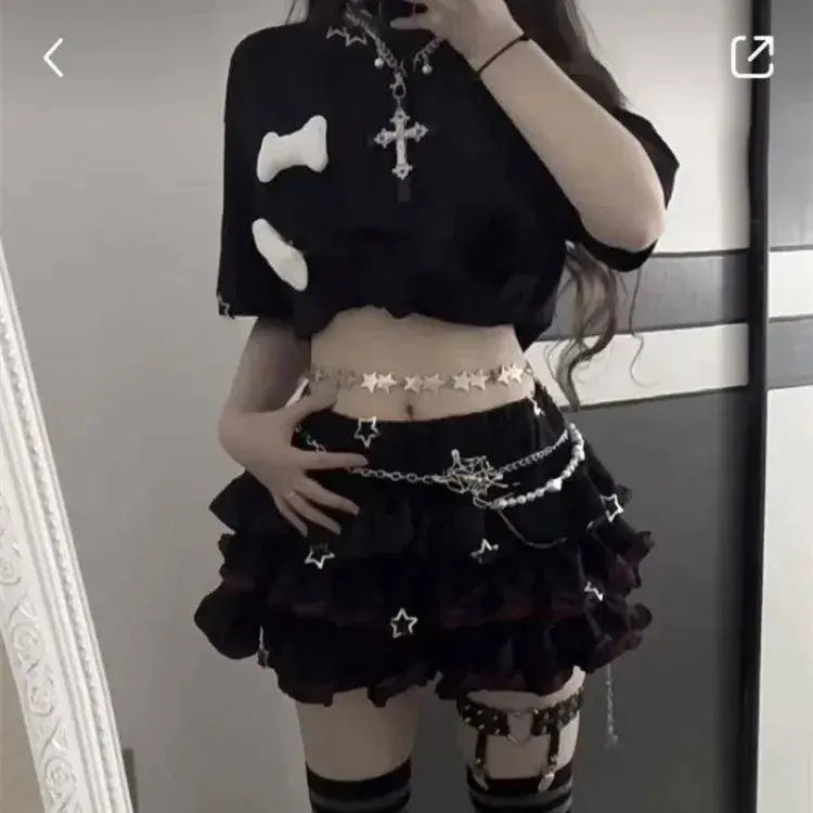 Japanese Lolita Black Red Jk Skirt for Women Y2k E-Girl High 2025 Waist Ruched A-line Skirts Summer New Thin Faldas Mujer - SS69