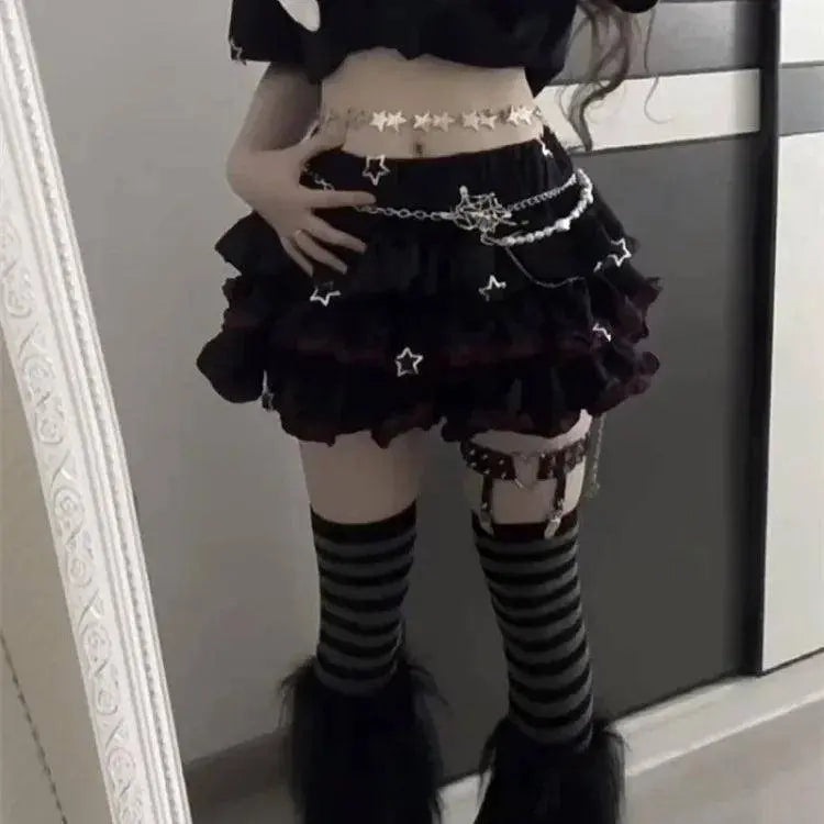 Japanese Lolita Black Red Jk Skirt for Women Y2k E-Girl High 2025 Waist Ruched A-line Skirts Summer New Thin Faldas Mujer - SS69