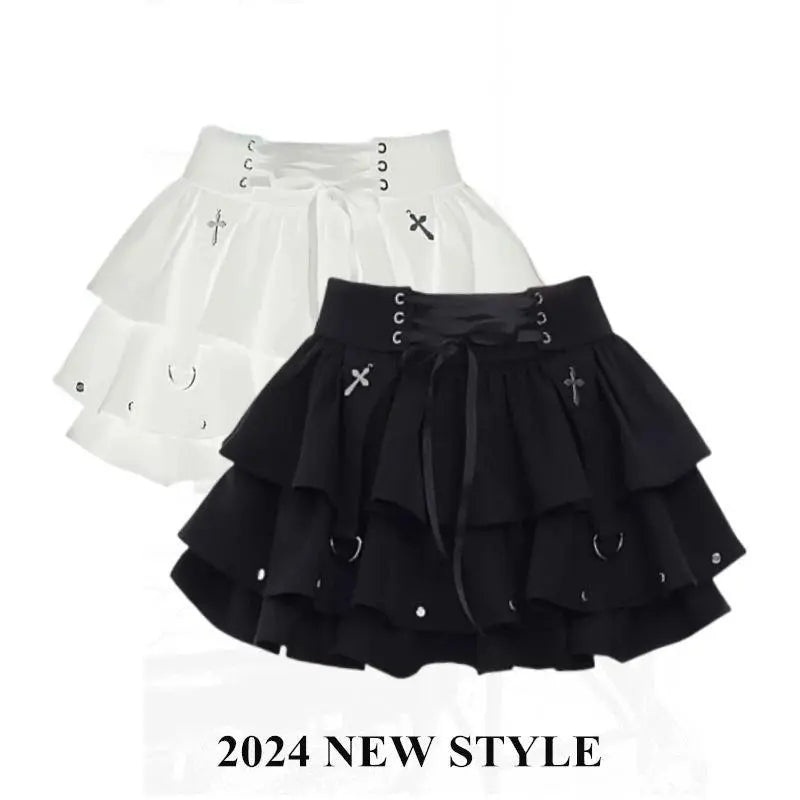 Japanese Style Kawaii Y2k Mini Skirt Women Streetwear Gothic High Waist Ruffle Skirt Summer Harajuku Y2k E-girl A-line Skirts SS69