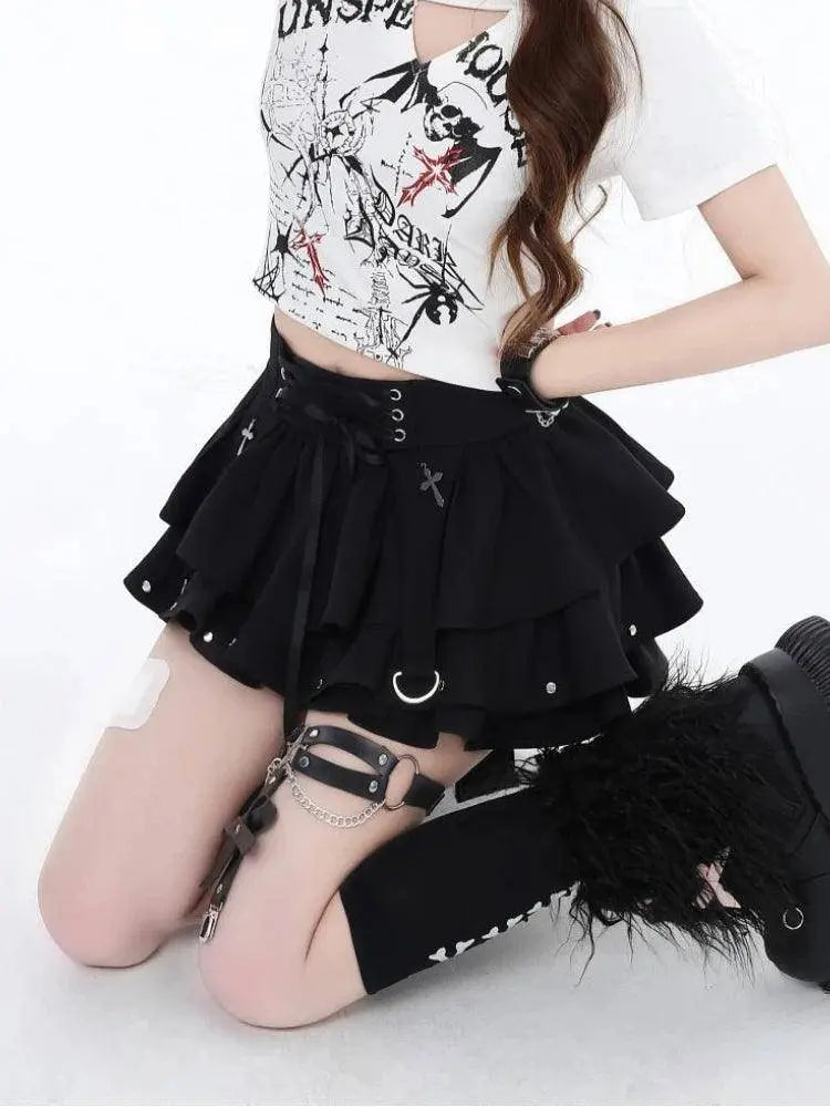 Japanese Style Kawaii Y2k Mini Skirt Women Streetwear Gothic High Waist Ruffle Skirt Summer Harajuku Y2k E-girl A-line Skirts SS69