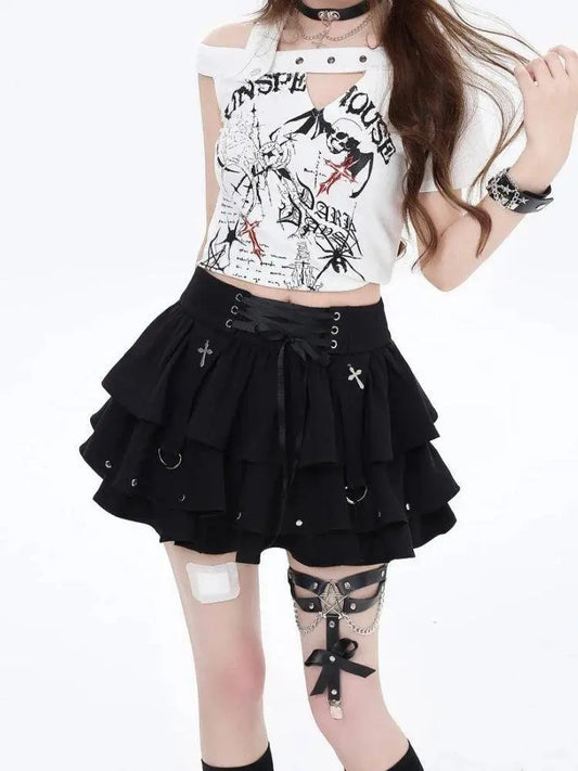 Japanese Style Kawaii Y2k Mini Skirt Women Streetwear Gothic High Waist Ruffle Skirt Summer Harajuku Y2k E-girl A-line Skirts SS69