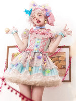 Japanese Style Lolita OP Sweet Girls Cosplay Kawaii Lolita Cute Striped Mesh Candy Star Fur Ball Ribbon Bow Ruffle Dress SS69