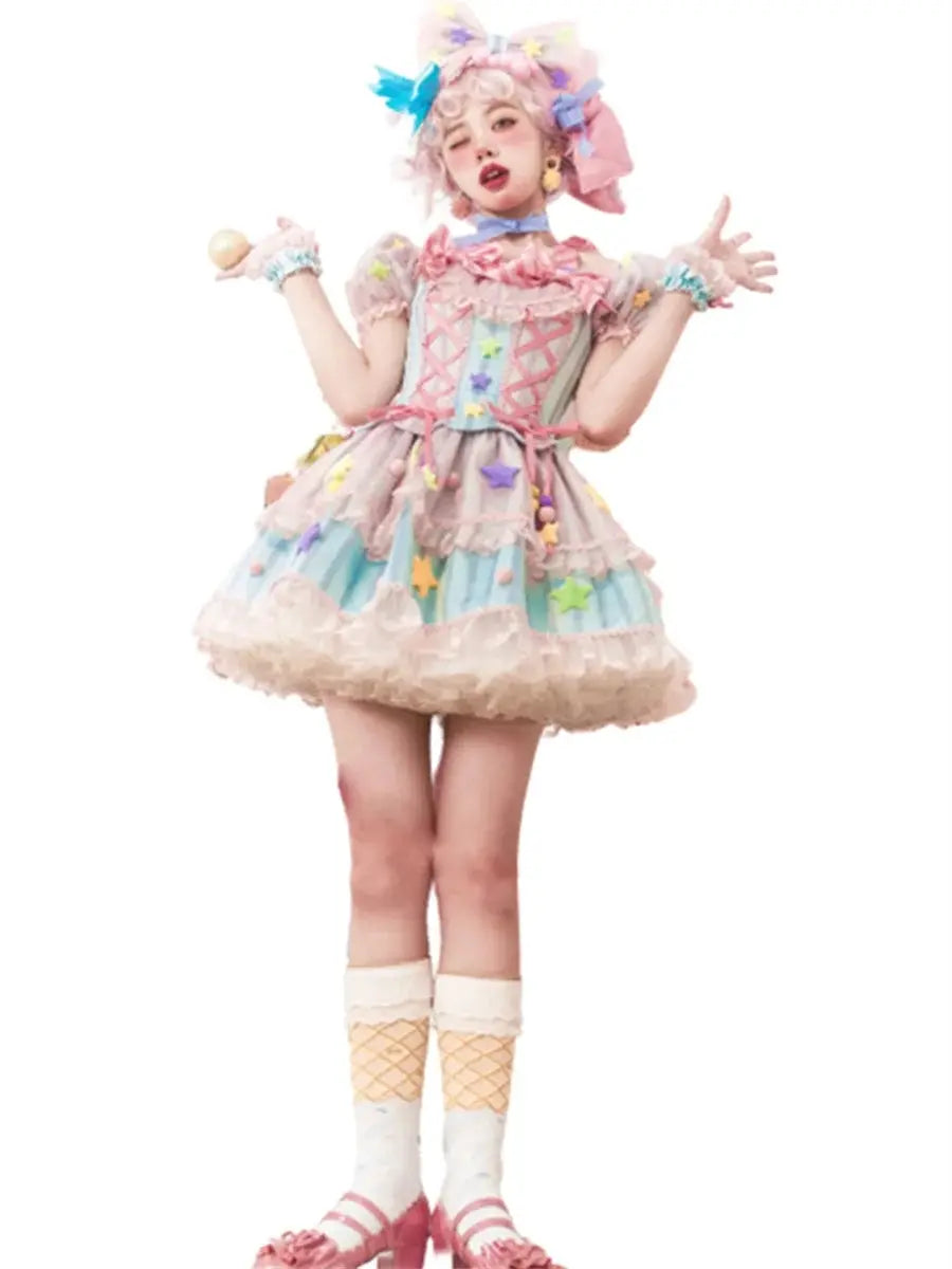 Japanese Style Lolita OP Sweet Girls Cosplay Kawaii Lolita Cute Striped Mesh Candy Star Fur Ball Ribbon Bow Ruffle Dress SS69