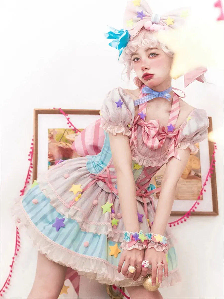 Japanese Style Lolita OP Sweet Girls Cosplay Kawaii Lolita Cute Striped Mesh Candy Star Fur Ball Ribbon Bow Ruffle Dress SS69
