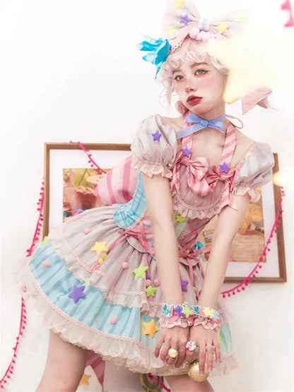 Japanese Style Lolita OP Sweet Girls Cosplay Kawaii Lolita Cute Striped Mesh Candy Star Fur Ball Ribbon Bow Ruffle Dress SS69
