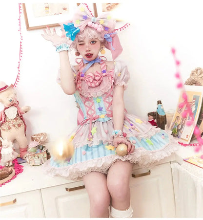 Japanese Style Lolita OP Sweet Girls Cosplay Kawaii Lolita Cute Striped Mesh Candy Star Fur Ball Ribbon Bow Ruffle Dress SS69