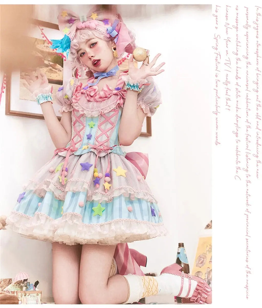 Japanese Style Lolita OP Sweet Girls Cosplay Kawaii Lolita Cute Striped Mesh Candy Star Fur Ball Ribbon Bow Ruffle Dress SS69