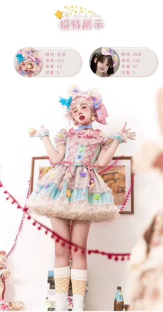 Japanese Style Lolita OP Sweet Girls Cosplay Kawaii Lolita Cute Striped Mesh Candy Star Fur Ball Ribbon Bow Ruffle Dress SS69