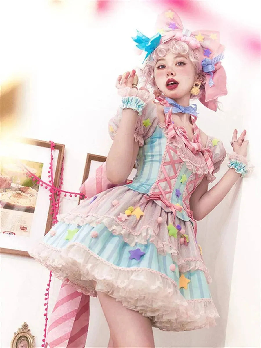 Japanese Style Lolita OP Sweet Girls Cosplay Kawaii Lolita Cute Striped Mesh Candy Star Fur Ball Ribbon Bow Ruffle Dress SS69