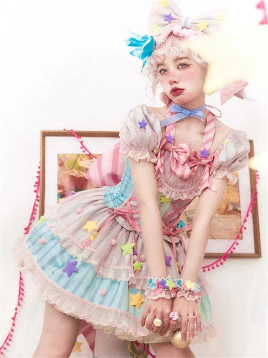 Japanese Style Lolita OP Sweet Girls Cosplay Kawaii Lolita Cute Striped Mesh Candy Star Fur Ball Ribbon Bow Ruffle Dress SS69