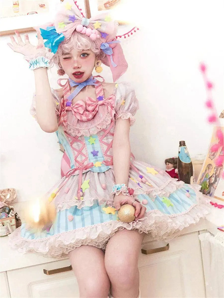 Japanese Style Lolita OP Sweet Girls Cosplay Kawaii Lolita Cute Striped Mesh Candy Star Fur Ball Ribbon Bow Ruffle Dress SS69