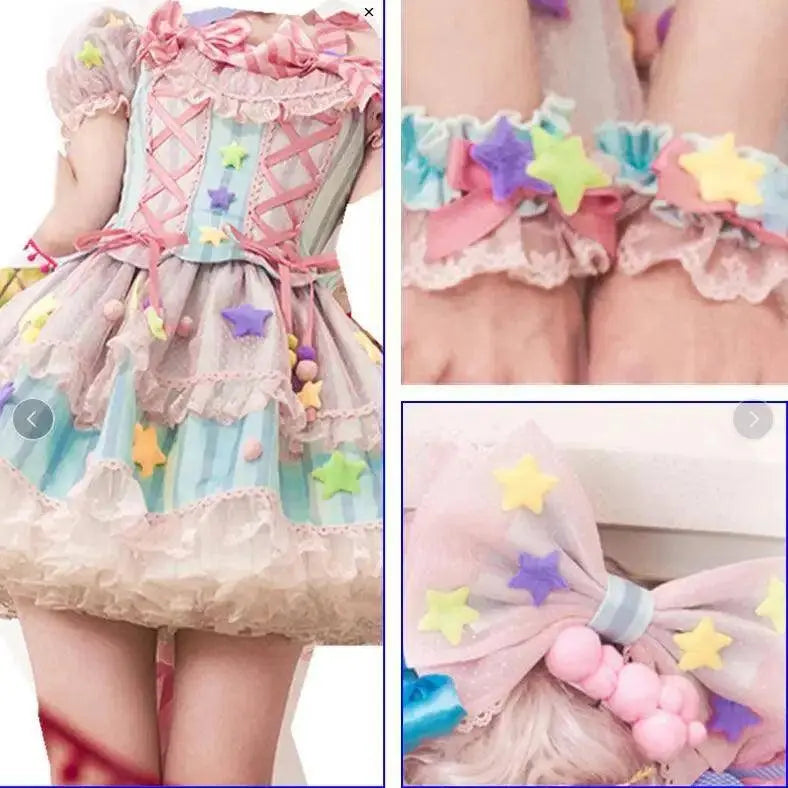 Japanese Style Lolita OP Sweet Girls Cosplay Kawaii Lolita Cute Striped Mesh Candy Star Fur Ball Ribbon Bow Ruffle Dress SS69