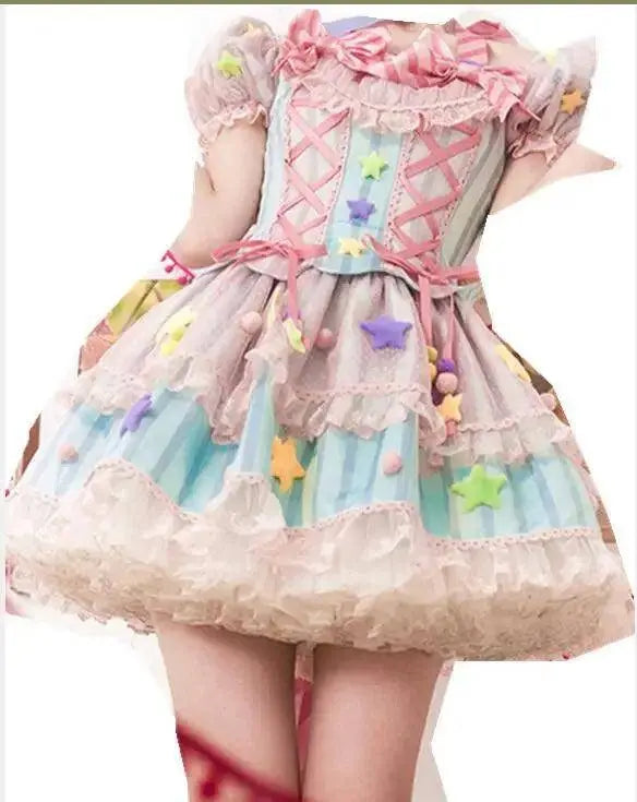 Japanese Style Lolita OP Sweet Girls Cosplay Kawaii Lolita Cute Striped Mesh Candy Star Fur Ball Ribbon Bow Ruffle Dress SS69