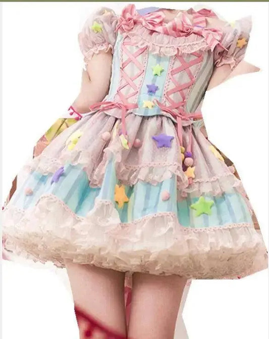 Japanese Style Lolita OP Sweet Girls Cosplay Kawaii Lolita Cute Striped Mesh Candy Star Fur Ball Ribbon Bow Ruffle Dress SS69