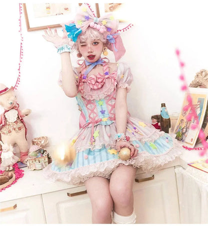 Japanese Style Lolita OP Sweet Girls Cosplay Kawaii Lolita Cute Striped Mesh Candy Star Fur Ball Ribbon Bow Ruffle Dress SS69