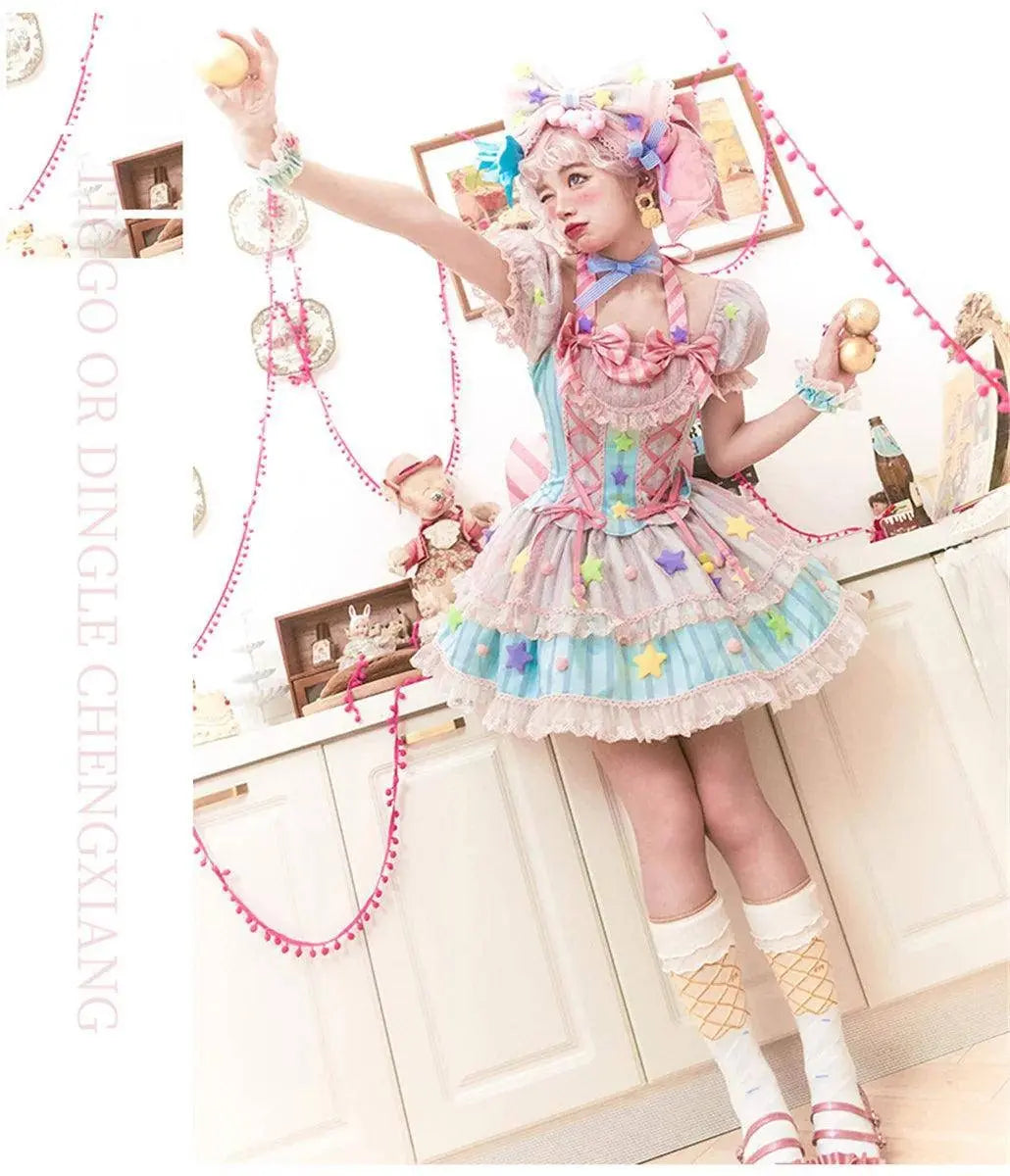 Japanese Style Lolita OP Sweet Girls Cosplay Kawaii Lolita Cute Striped Mesh Candy Star Fur Ball Ribbon Bow Ruffle Dress SS69