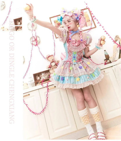 Japanese Style Lolita OP Sweet Girls Cosplay Kawaii Lolita Cute Striped Mesh Candy Star Fur Ball Ribbon Bow Ruffle Dress SS69