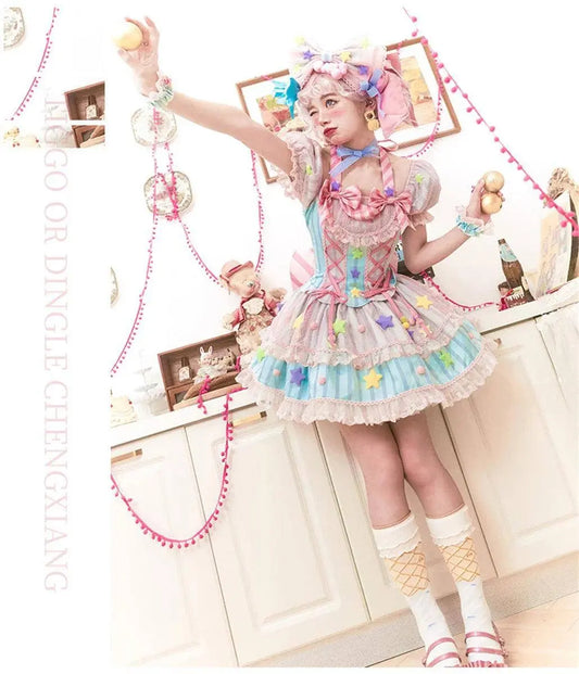 Japanese Style Lolita OP Sweet Girls Cosplay Kawaii Lolita Cute Striped Mesh Candy Star Fur Ball Ribbon Bow Ruffle Dress SS69