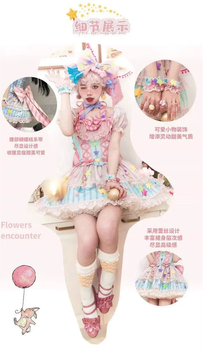 Japanese Style Lolita OP Sweet Girls Cosplay Kawaii Lolita Cute Striped Mesh Candy Star Fur Ball Ribbon Bow Ruffle Dress SS69