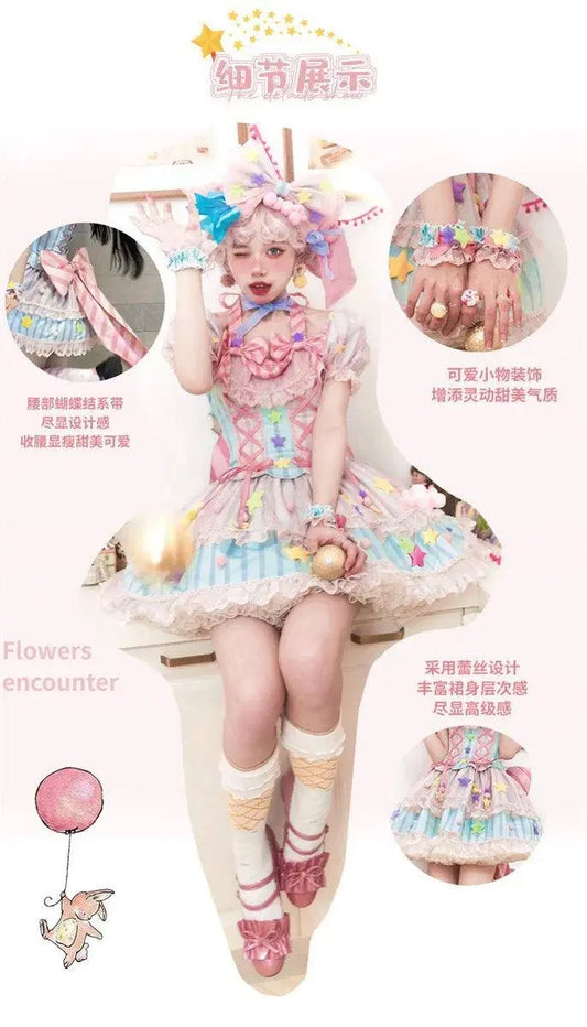 Japanese Style Lolita OP Sweet Girls Cosplay Kawaii Lolita Cute Striped Mesh Candy Star Fur Ball Ribbon Bow Ruffle Dress SS69