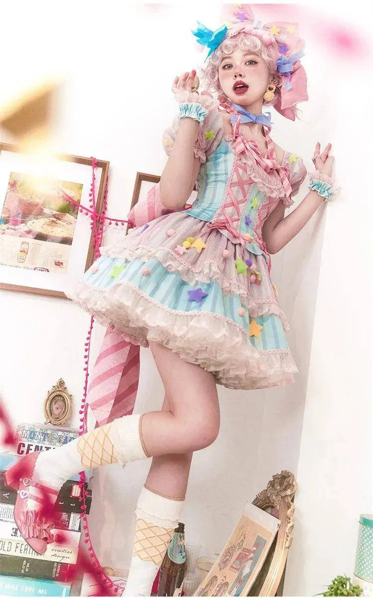 Japanese Style Lolita OP Sweet Girls Cosplay Kawaii Lolita Cute Striped Mesh Candy Star Fur Ball Ribbon Bow Ruffle Dress SS69