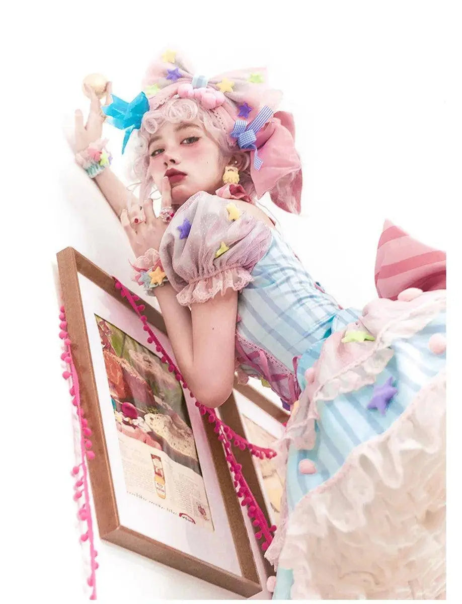 Japanese Style Lolita OP Sweet Girls Cosplay Kawaii Lolita Cute Striped Mesh Candy Star Fur Ball Ribbon Bow Ruffle Dress SS69