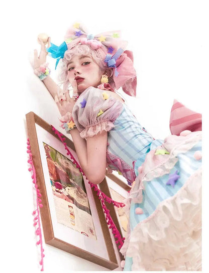 Japanese Style Lolita OP Sweet Girls Cosplay Kawaii Lolita Cute Striped Mesh Candy Star Fur Ball Ribbon Bow Ruffle Dress SS69