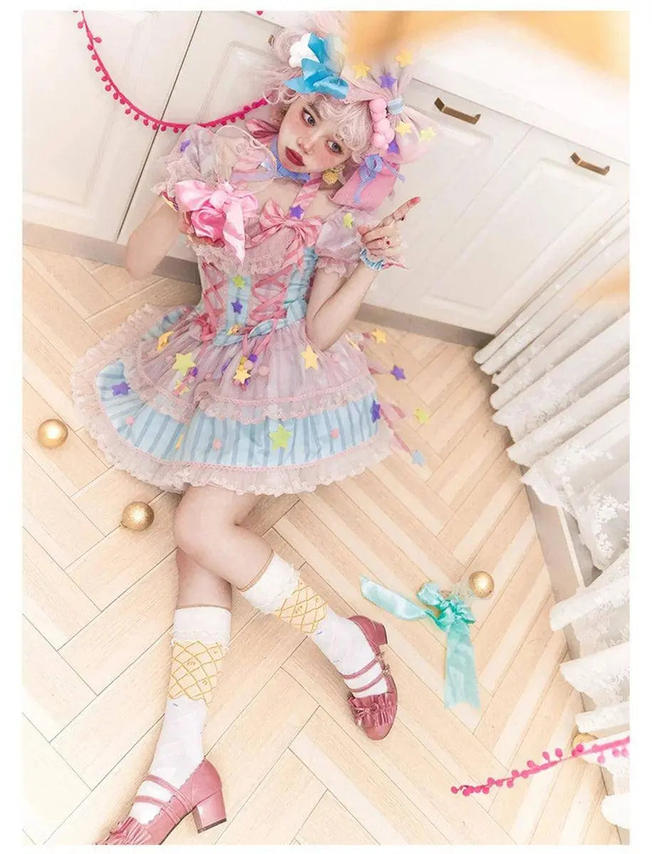 Japanese Style Lolita OP Sweet Girls Cosplay Kawaii Lolita Cute Striped Mesh Candy Star Fur Ball Ribbon Bow Ruffle Dress SS69