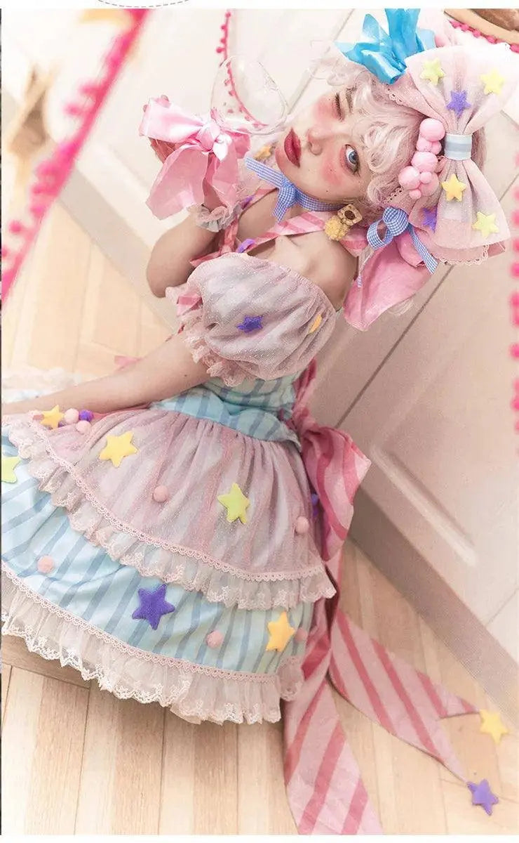 Japanese Style Lolita OP Sweet Girls Cosplay Kawaii Lolita Cute Striped Mesh Candy Star Fur Ball Ribbon Bow Ruffle Dress SS69