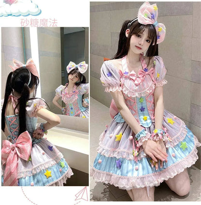 Japanese Style Lolita OP Sweet Girls Cosplay Kawaii Lolita Cute Striped Mesh Candy Star Fur Ball Ribbon Bow Ruffle Dress SS69