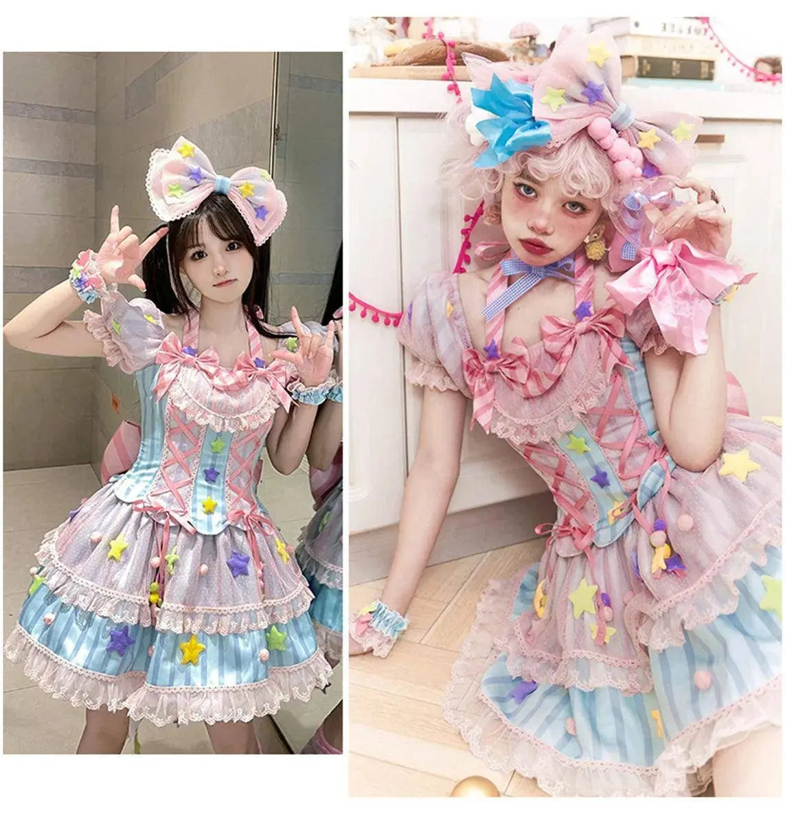 Japanese Style Lolita OP Sweet Girls Cosplay Kawaii Lolita Cute Striped Mesh Candy Star Fur Ball Ribbon Bow Ruffle Dress SS69