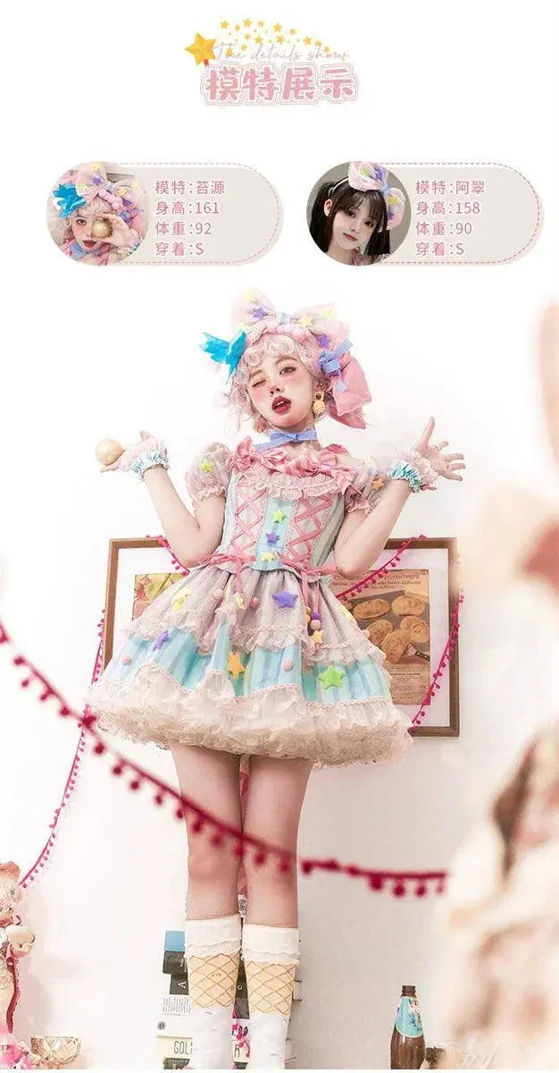Japanese Style Lolita OP Sweet Girls Cosplay Kawaii Lolita Cute Striped Mesh Candy Star Fur Ball Ribbon Bow Ruffle Dress SS69