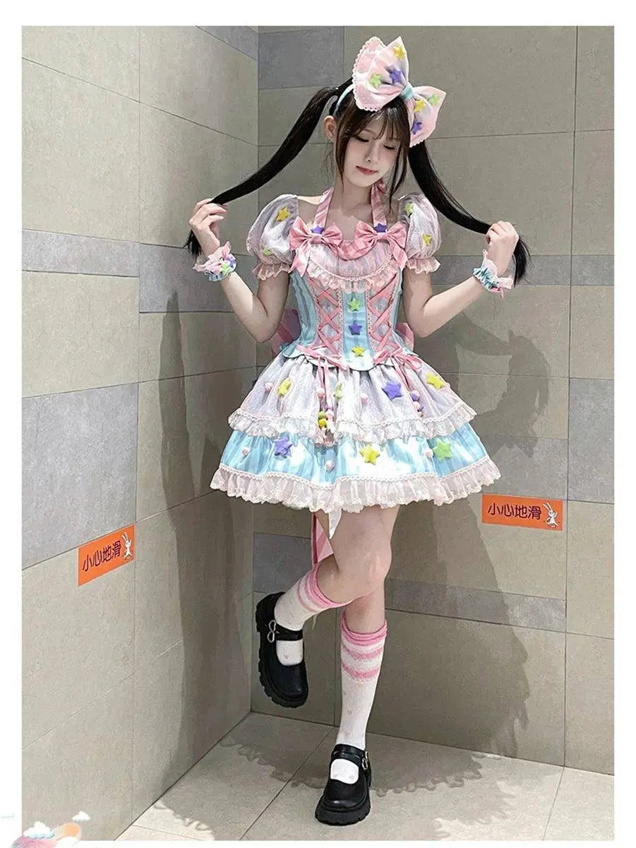 Japanese Style Lolita OP Sweet Girls Cosplay Kawaii Lolita Cute Striped Mesh Candy Star Fur Ball Ribbon Bow Ruffle Dress SS69