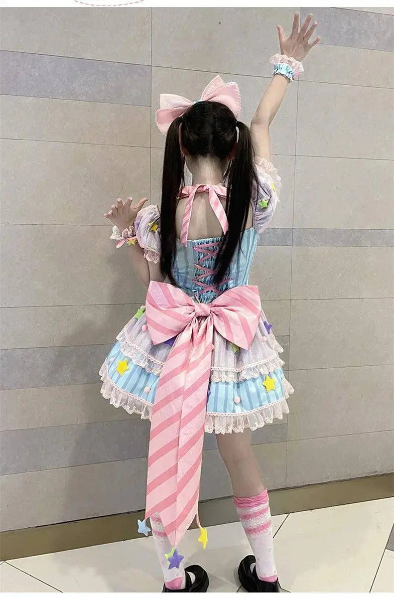 Japanese Style Lolita OP Sweet Girls Cosplay Kawaii Lolita Cute Striped Mesh Candy Star Fur Ball Ribbon Bow Ruffle Dress SS69