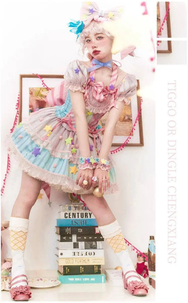 Japanese Style Lolita OP Sweet Girls Cosplay Kawaii Lolita Cute Striped Mesh Candy Star Fur Ball Ribbon Bow Ruffle Dress SS69