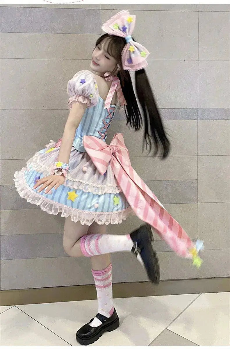 Japanese Style Lolita OP Sweet Girls Cosplay Kawaii Lolita Cute Striped Mesh Candy Star Fur Ball Ribbon Bow Ruffle Dress SS69