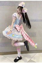 Japanese Style Lolita OP Sweet Girls Cosplay Kawaii Lolita Cute Striped Mesh Candy Star Fur Ball Ribbon Bow Ruffle Dress SS69