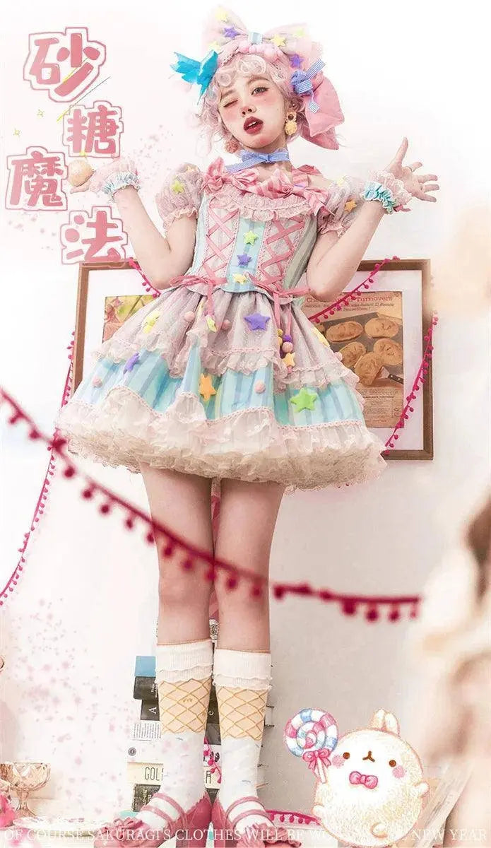 Japanese Style Lolita OP Sweet Girls Cosplay Kawaii Lolita Cute Striped Mesh Candy Star Fur Ball Ribbon Bow Ruffle Dress SS69
