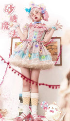 Japanese Style Lolita OP Sweet Girls Cosplay Kawaii Lolita Cute Striped Mesh Candy Star Fur Ball Ribbon Bow Ruffle Dress SS69