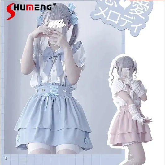Japanese Summer Sets Women Outfits Mine Water Color System Mass-Produced Short Sleeve Top with Bow Tie Amd Sling Short Skirt SS69