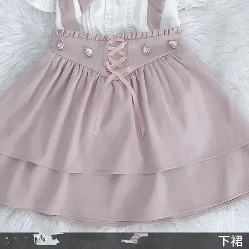 Japanese Summer Sets Women Outfits Mine Water Color System Mass-Produced Short Sleeve Top with Bow Tie Amd Sling Short Skirt - SS69