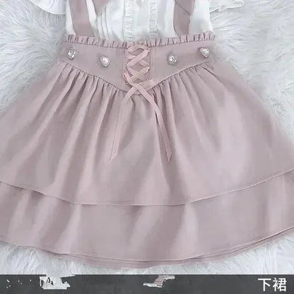 Japanese Summer Sets Women Outfits Mine Water Color System Mass-Produced Short Sleeve Top with Bow Tie Amd Sling Short Skirt - SS69