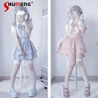 Japanese Summer Sets Women Outfits Mine Water Color System Mass-Produced Short Sleeve Top with Bow Tie Amd Sling Short Skirt SS69