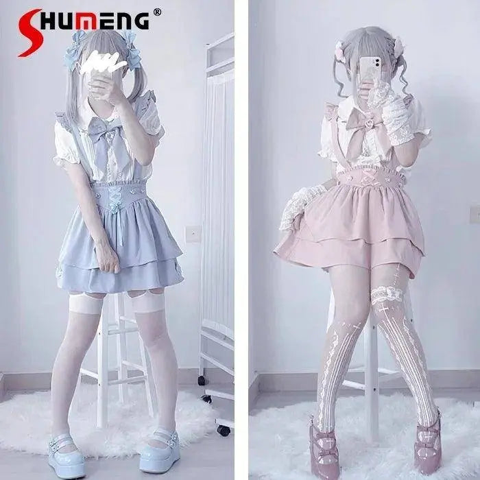 Japanese Summer Sets Women Outfits Mine Water Color System Mass-Produced Short Sleeve Top with Bow Tie Amd Sling Short Skirt SS69