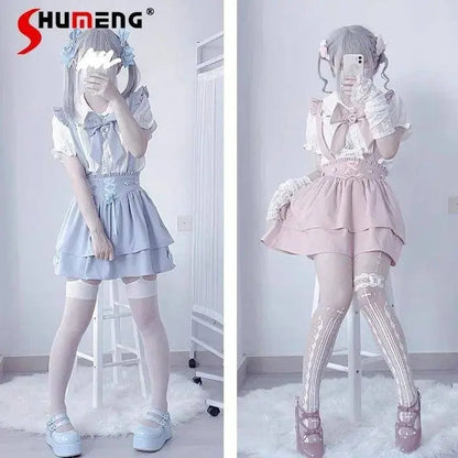 Japanese Summer Sets Women Outfits Mine Water Color System Mass-Produced Short Sleeve Top with Bow Tie Amd Sling Short Skirt SS69