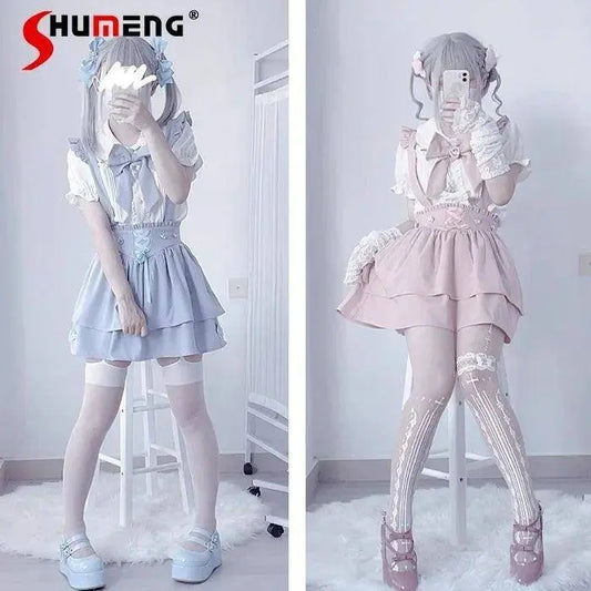 Japanese Summer Sets Women Outfits Mine Water Color System Mass-Produced Short Sleeve Top with Bow Tie Amd Sling Short Skirt SS69