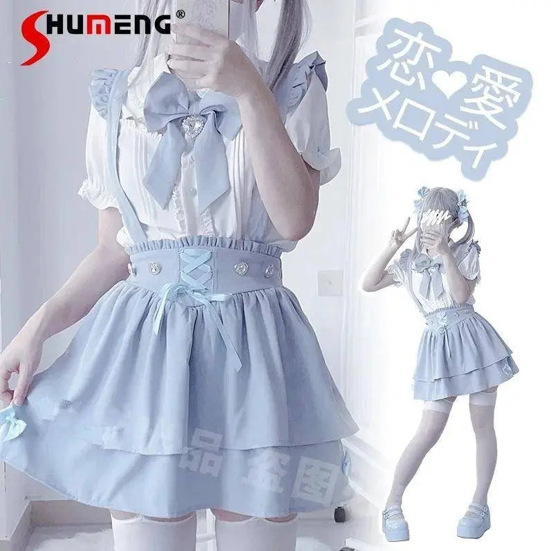 Japanese Summer Sets Women Outfits Mine Water Color System Mass-Produced Short Sleeve Top with Bow Tie Amd Sling Short Skirt SS69
