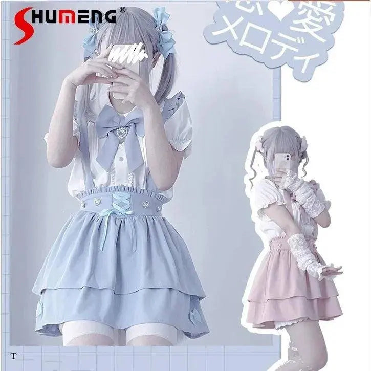 Japanese Summer Sets Women Outfits Mine Water Color System Mass-Produced Short Sleeve Top with Bow Tie Amd Sling Short Skirt SS69